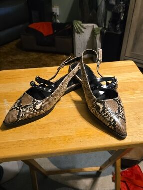 No Boundaries Snake-Print Pointed Slingback Flats with Studded Black Straps